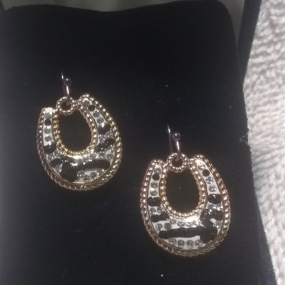 Montana Silversmiths Silver Gold Horseshoe Earrings Black Stones Dangle W/Box EC - Picture 1 of 9